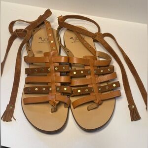 Victor Brown Ankle Tie Leather Strappy Sandals Size 8 Italy